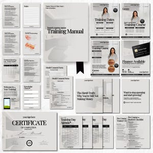 Puede incluir: Un conjunto de materiales de formación en tonos grises y blancos, que incluyen un manual, fechas de formación e información del curso. La imagen también incluye un certificado de finalización.
