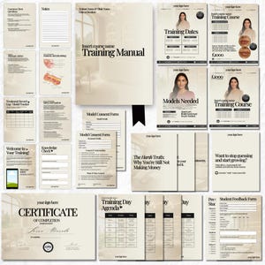 May include: A collection of training course materials, including a training manual, consent forms, and certificates. The materials feature a neutral color palette with black text and images of a woman. The text includes "Training Manual" and "Training Course".