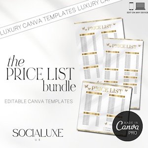 Editable Price List Template: White and Gold Canva Design