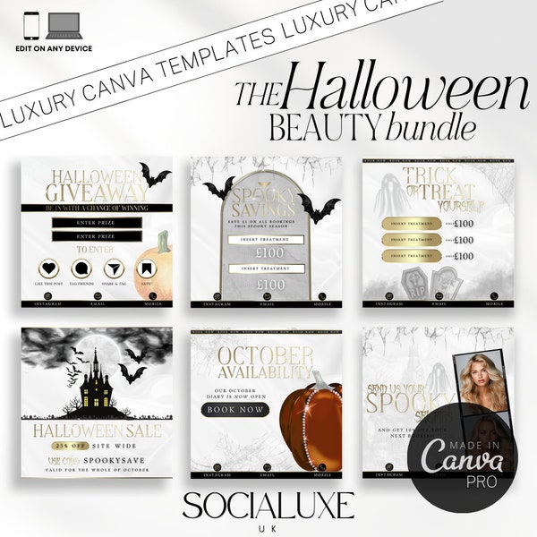 Halloween Social Media Template Bundle, Gold & White Editable Canva For Beauty, Aesthetics, Lash Tech, Hair, Nails, Halloween Sale Flyer