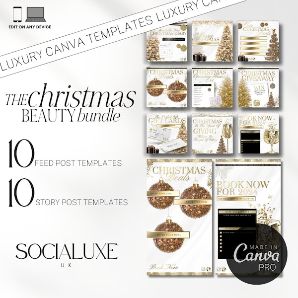 Gold Chrome Christmas & Holidays Instagram Templates | DIY Canva Xmas Social Media| Beauty Flyer | Giveaway Flyer | Beauty Templates |