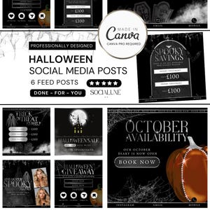 Halloween Social Media Template Bundle, Silber & Schwarz bearbeitbare Canva Für Schönheit, Ästhetik, Lash Tech, Haare, Nägel, Halloween Sale Flyer
