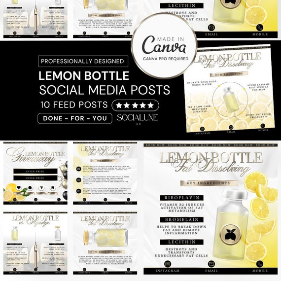 Lemon Bottle Fat Dissolving Social Media Templates: White & Gold Canva  Designs - Etsy Israel