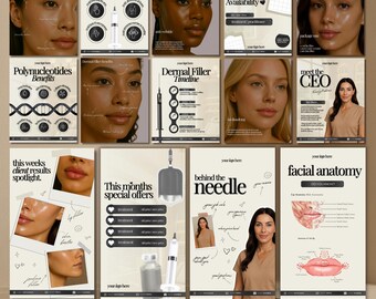 May include: A series of promotional posters for a medical spa, featuring images of women and text promoting treatments. The posters include information on "Anti-Wrinkle Aftercare," "Dermal Filler Timeline," and "Facial Anatomy." The design uses a neutral colour palette.