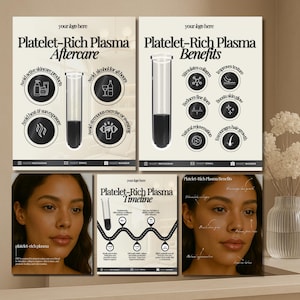 May include: A promotional image featuring four panels with text and graphics about Platelet-Rich Plasma (PRP) treatments. The panels include information on aftercare, benefits, and a timeline, with a woman's face in two panels. The color scheme is neutral with black and white elements.