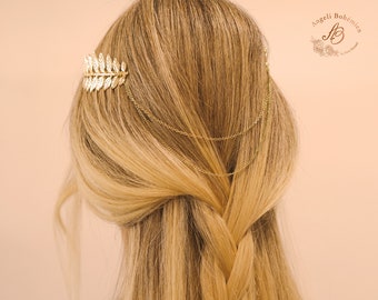 Golden chain double hair comb with golden leaves