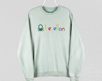 United Colors of Benetton Green Sweatshirt Embroidered Spell Out Mens Medium