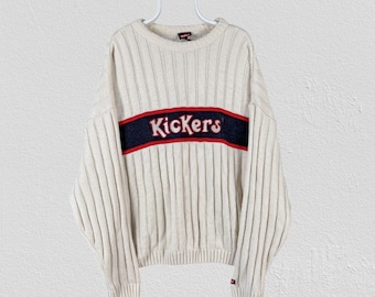 Jersey de punto beige Vintage Kickers bordado con letras y trenzas acanaladas para hombre, talla XL