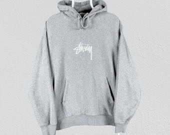 Stussy Grey Hoodie Script Logo Heavyweight Embroidered Pullover Mens Size Medium