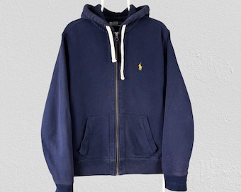 Sudadera con capucha azul vintage Polo Ralph Lauren con cremallera, talla mediana para hombre.