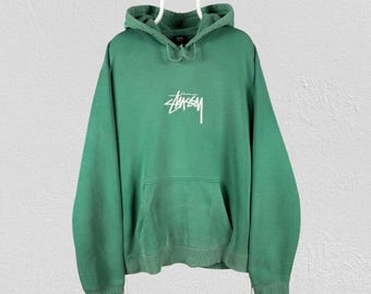 Stussy Stock Logo Hoodie Grün Hoodie Bestickt Spell Out Herren Größe XL