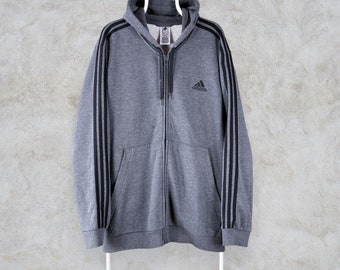 Adidas Grauer Kapuzenpullover mit durchgehendem Reißverschluss, gestreift, Herren, XXL