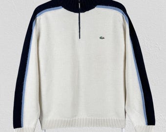 Jersey de lana vintage Lacoste con cremallera de 1/4, color crema y azul, talla pequeña para hombre (4)