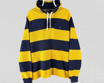 Polo Ralph Lauren Gelb Blau Striped Rugby Hoodie Poloshirt Langarm Herren XL