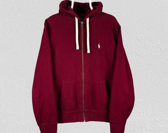 Vintage Polo Ralph Lauren Burgundy Hoodie Full Zip Heavyweight Mens Size Large