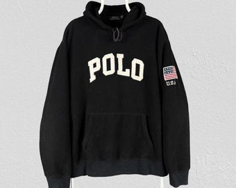 Felpa con cappuccio nera in pile Polo Ralph Lauren con scritta ricamata, taglia XL da uomo