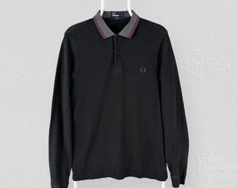 Fred Perry Black Polo Shirt Long Sleeve Slim Fit Mens Medium