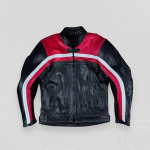British Motorcycle Gear Leather Jacket Biker Black Red Mens UK 40 Medium