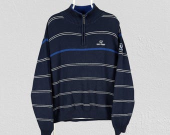 Vintage Fred Perry Blue Striped 1/4 Zip Jumper Pullover Mens Size Large
