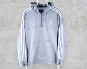 Adidas Originals Grau Hoodie Gestreift 1/4 Zip Pullover Herren Large