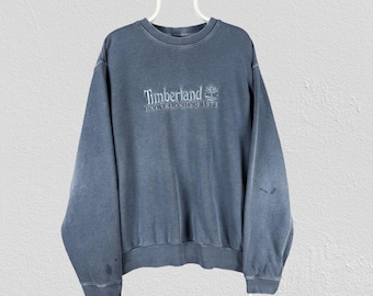 Felpa vintage Timberland blu slavato con scritta ricamata, taglia XL da uomo