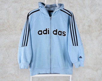 Felpa con cappuccio vintage Adidas blu con zip intera ricamata da donna piccola