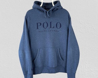 Polo Ralph Lauren Blue Hoodie Embroidered Spell Out Pullover Mens Size Medium