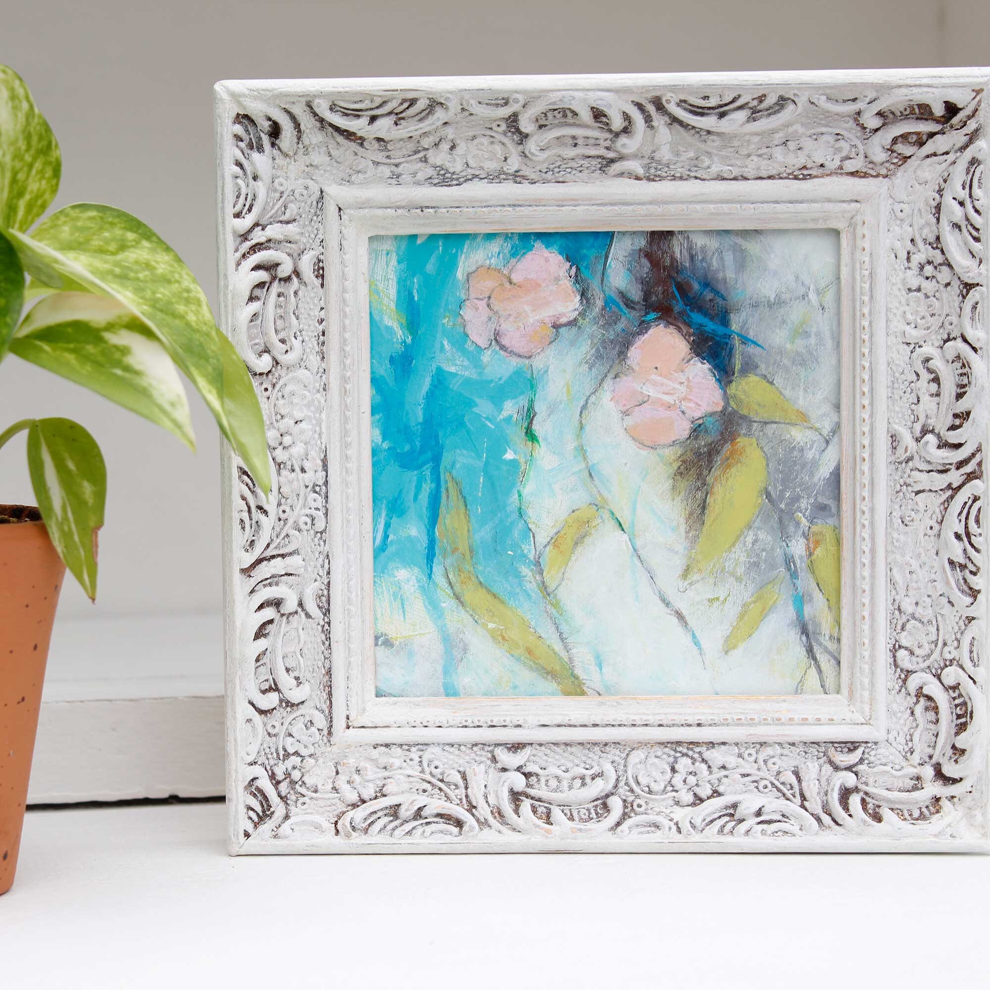 Small Acrylic Painting Distressed Look Frame Flower Etsy