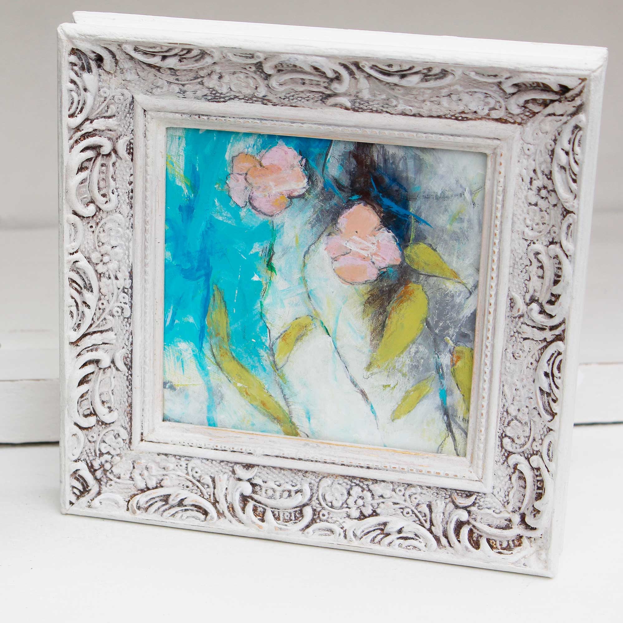 Small Acrylic Painting Distressed Look Frame Flower Etsy