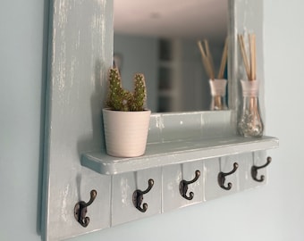 Handmade mirror coat rack with floating shelf painted distressed look