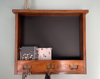 Handmade chalkboard/blackboard/memo board with shelf and mail holder with hooks