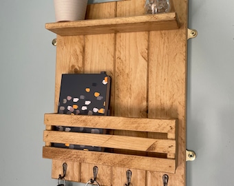 Handmade Rustic Antique Pine Wax key rack with shelf and letter storage, rustic, recycled softwood handmade