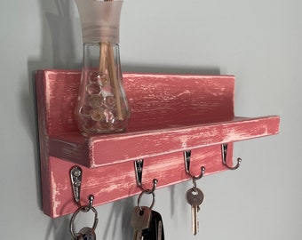 Handmade pink/white Key Rack / holder with Shelf and mail / Letter storage / Pink / Grey / White / Distressed look