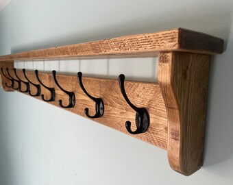 thumbnail image 2 of Handmade Medium Oak Coat Rack With Shelf – 5 Silver Double Hooks, Wax Finish, Wall Mounted 2 of 6