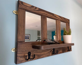 Handmade 3 Mirror / key rack with floating shelf in American walnut