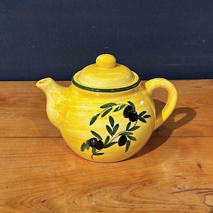 Mediterranean Olive Branch Ceramic Teapot | Yellow Hand Painted Pottery | Rustic Italian Style Kitchen Decor