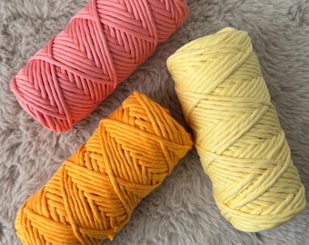 Filato macramè 4 mm - 250g | Corda di cotone pettinato di prima qualità | Giallo pastello, arancione, rosa corallo | Bobina per decorazione da parete, da appendere, fai da te