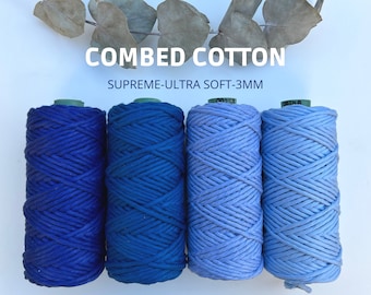 coton peigné bleu, cordon macrame 3mm, ficelle, simple torsion, fil volumineux, fil couleur bleu,