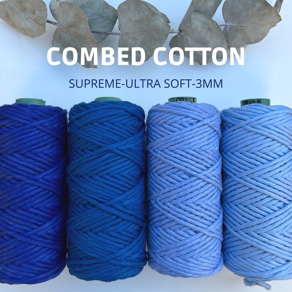 coton peigné bleu, cordon macrame 3mm, ficelle, simple torsion, fil volumineux, fil couleur bleu,