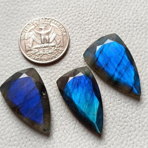 May include: Three iridescent blue labradorite gemstones in a teardrop shape. The stones are approximately the size of a US quarter.