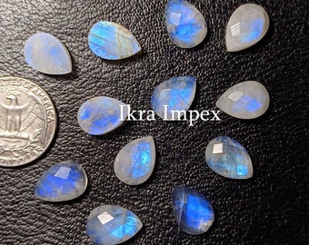 Rainbow ~ Blue Flashy Faceted Moonstone Cabochon, Pear Shape Natural Rainbow Moonstone, One Side Checker Cut Rainbow For Making Jewelry !!