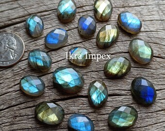 Super Flashy ~ Faceted Natural Labradorite Cabochon, Flat Back One Side Checker Labradorite, Oval Shape Faceted Labradorite For Jewelry !!