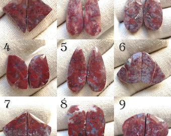 May include: Nine pairs of polished gemstone cabochons in various shapes, including teardrop, diamond, and irregular forms. The stones display a mix of deep red and gray-blue hues, with intricate patterns. The cabochons are displayed on a white surface.