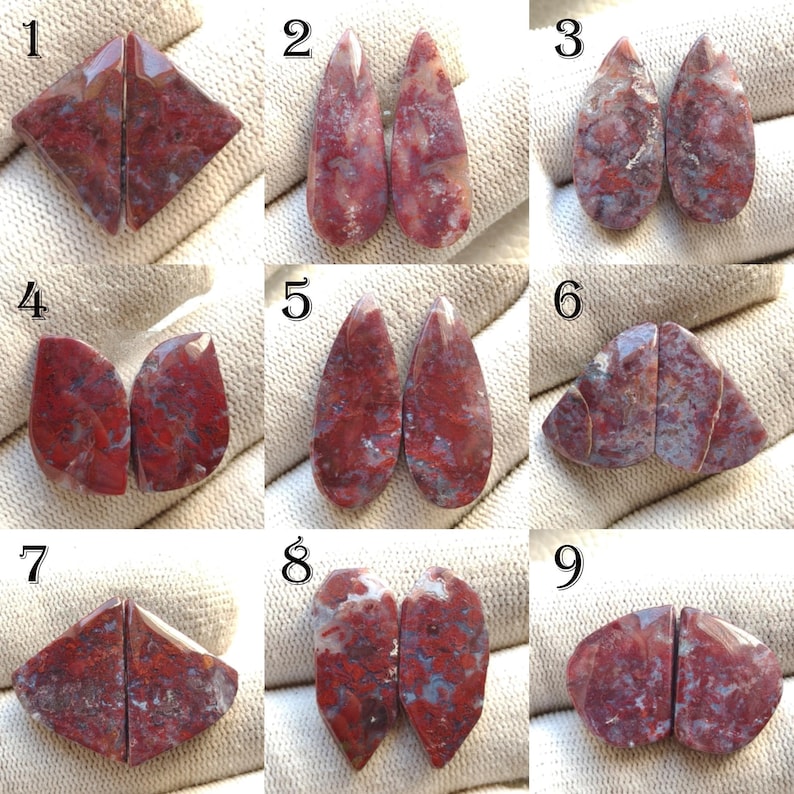 100 % naturlig röd mossagat matchat par – 54 st. naturliga cabochonstenar för örhängen och handgjorda smycken. bild 1