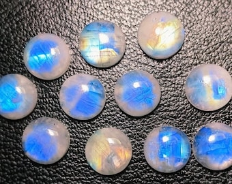 AAA+ Blue Fire Moonstone Round Shape Cabochon High Hand Polished Back Flat Cabs! Size:-5 TO 30 MM!! White Rainbow For Jewelry Use!