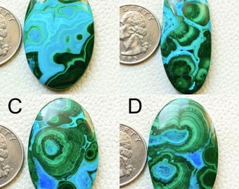 Può includere: Quattro pietre preziose ovali di malachite con motivi unici di verde, blu e turchese. Ogni pietra è mostrata accanto a una moneta per il confronto delle dimensioni. Le pietre preziose hanno una finitura lucida e lucente.