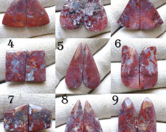 May include: A collection of nine pairs of polished gemstones, each with a unique shape and pattern. The stones display a mix of deep red, brown, and gray hues, with variations in veining and texture. Ideal for jewelry making or collecting.