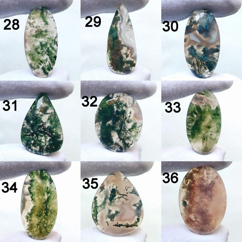 May include: Nine polished moss agate gemstones in various shapes, including oval and teardrop. The stones display green, white, and brown patterns, with each stone labeled with a number from 28 to 36.