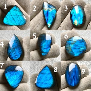 May include: Nine polished labradorite gemstones in various shapes, including triangular, teardrop, and oval. The stones display iridescent blue and teal flashes. Each stone is set against a neutral background.