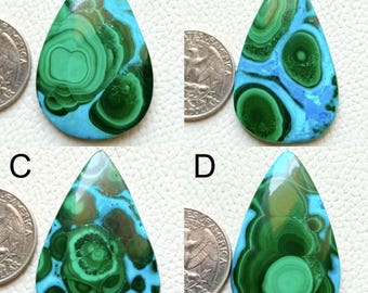 Può includere: Quattro cabochon di crisocolla a forma di goccia, di colore verde e blu. Ogni pietra misura circa 2,5 cm di lunghezza ed è mostrata accanto a una moneta da un quarto di dollaro americano per il confronto delle dimensioni.